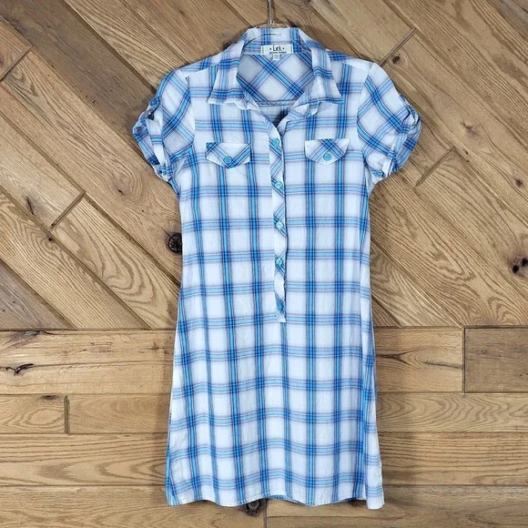 L.E.I. Shirt Dress Women Junior M Plaid Button Front Short Sleeve Blue White - Picture 8 of 9